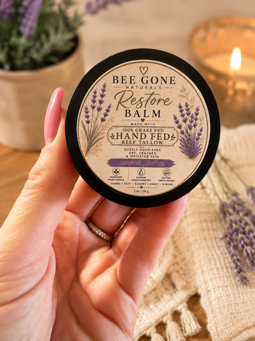 Bee Gone Restore Balm, lavender — 2 oz jar of grass-fed beef tallow balm for dry, cracked hands