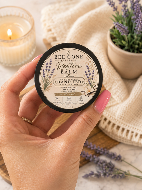 Bee Gone Restore Balm, vanilla — 2 oz jar of grass-fed beef tallow balm for dry, cracked hands